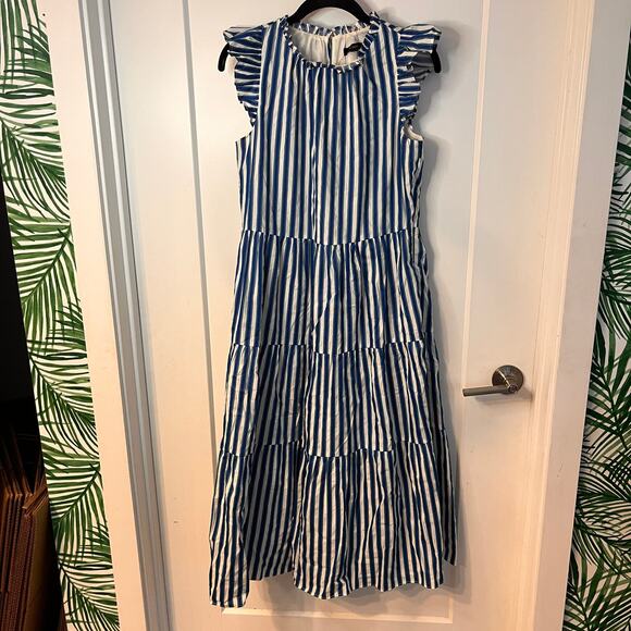 J. Crew Blue Tiered Cape Stripe Dobby Midi Dress Size XS - Picture 2 of 11